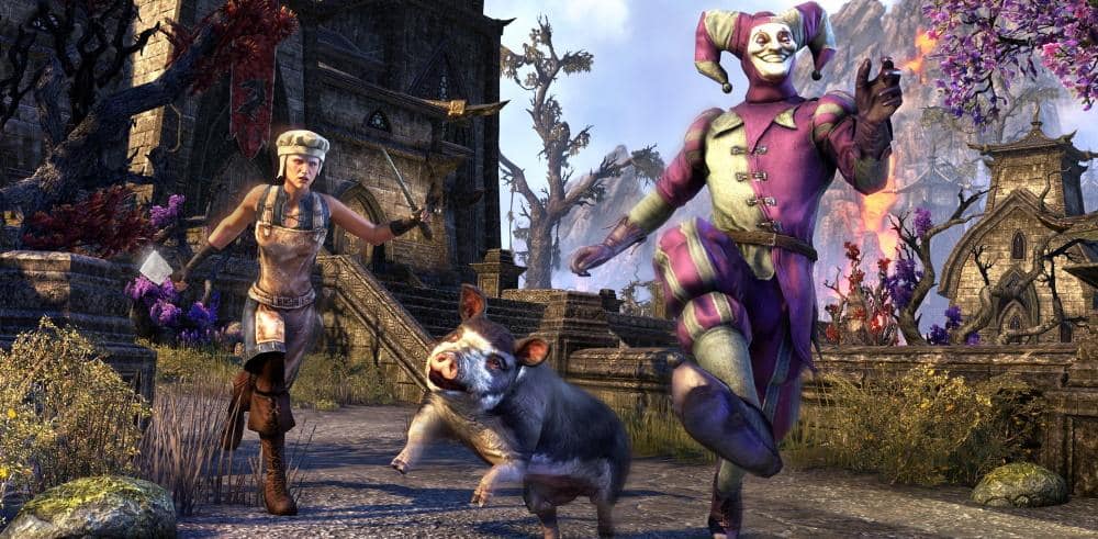 Un giullare con il Sovereign Sow pet durante il Jester's Festival