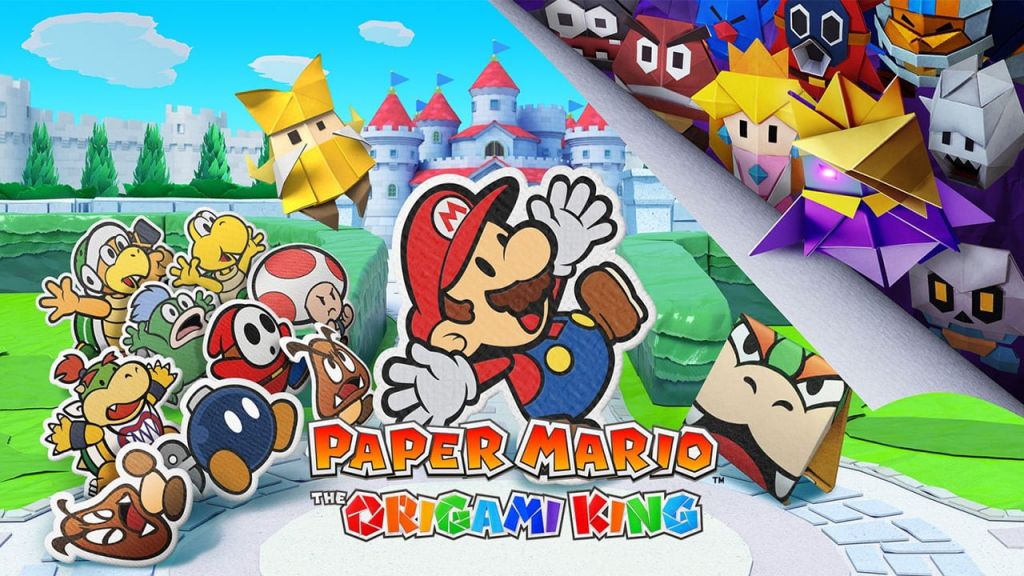 Copertina del nuovo titolo di Paper mario, con mario al centro insieme ai proprio compagni di viaggio e il perfido re origami in alto a destra