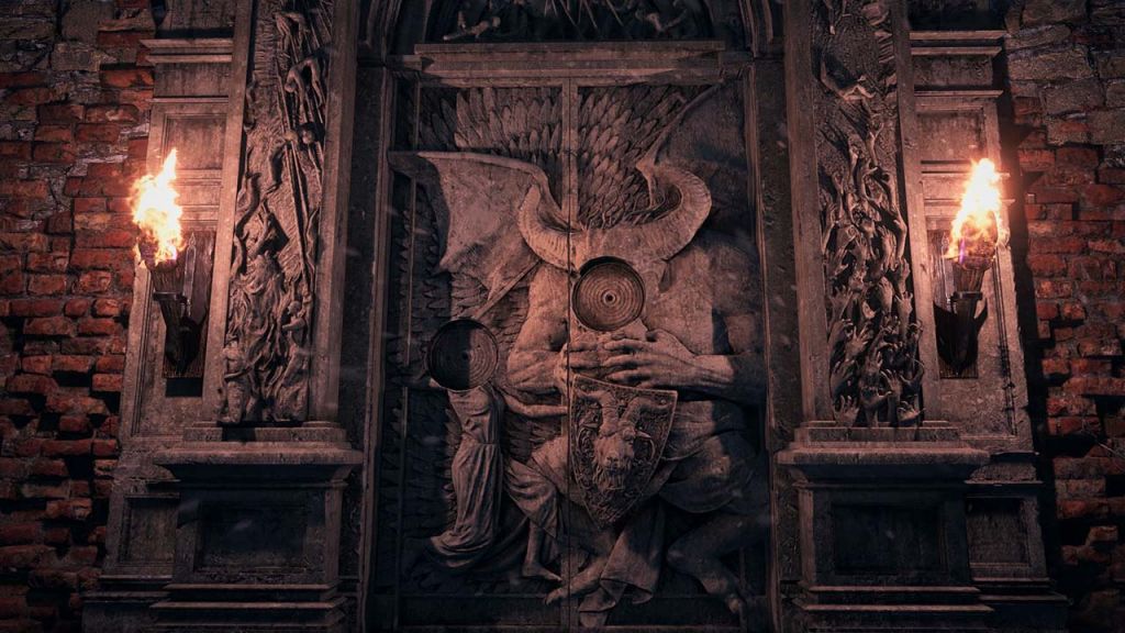 Una porta un tantino inquietante in uno screenshot di Resident Evil Village