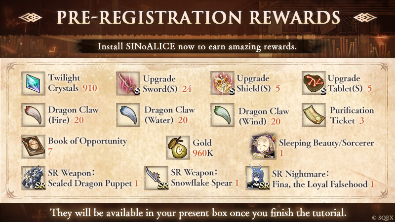 Carta con i rewards per la pre-registrazione di SInoALICE